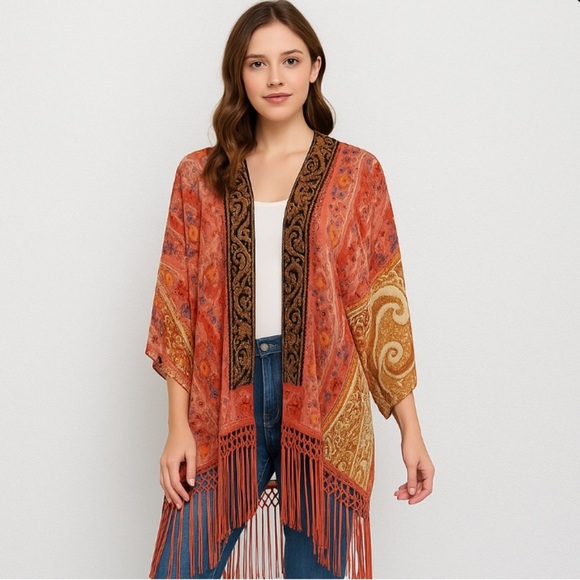 Entro Red Orange Paisley Print Hippie Bohemian Wide Sleeve Fringe Hem Kimono -M - Picture 1 of 12